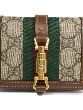 GUCCI GG GHW Jackie 1961 Card Case Wallet PVC Coated Canvas Brown